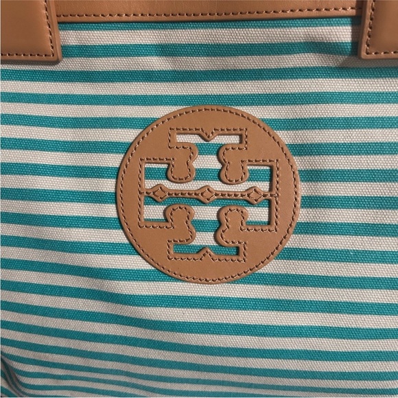 Tory Sophia Canvas Burch Aqua and Tan Striped Tote - Picture 12 of 15